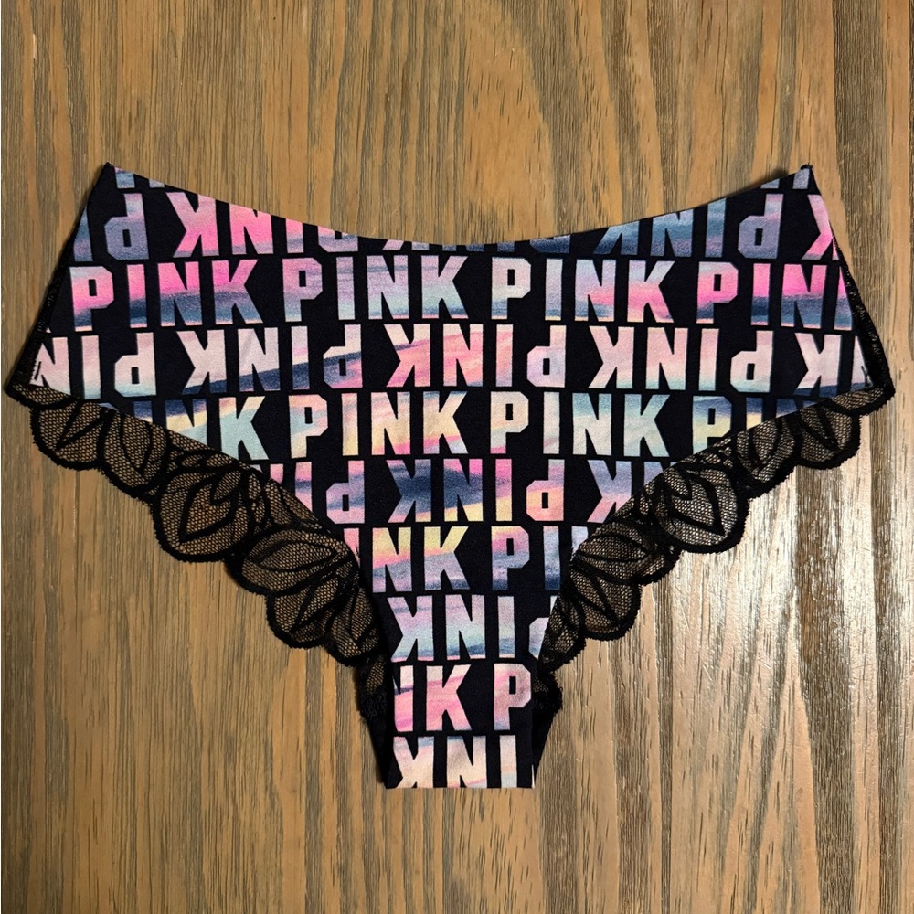 NWOT Victoria's Secret PINK Rainbow Logo Black Lace Back Low Cheekster Panty M